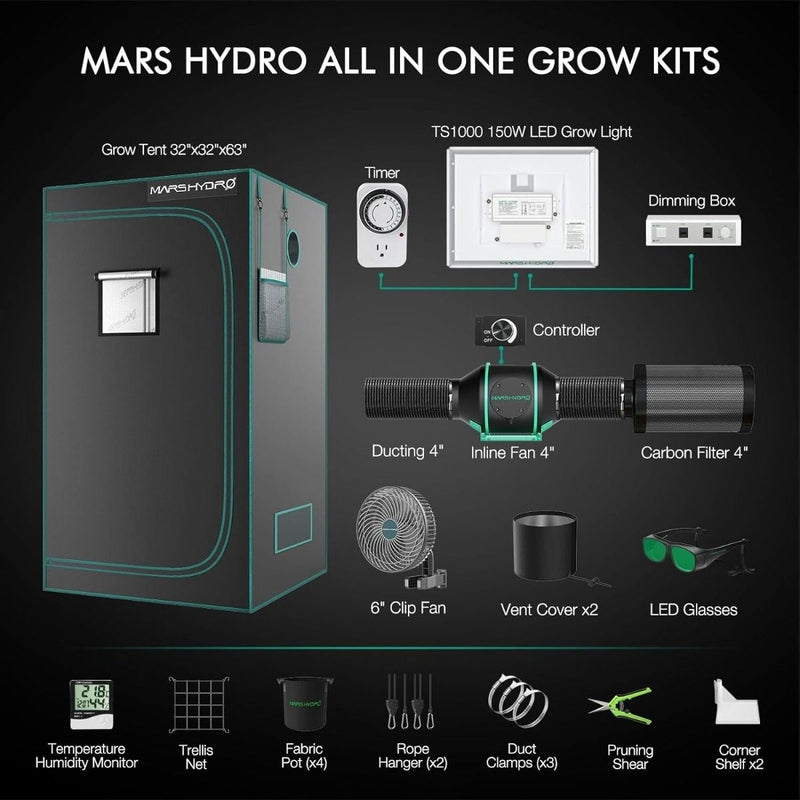 Mars Hydro TS 1000 LED (32"x 32"x 63") Complete Grow Tent Kit 2.7x2.7 all in one 