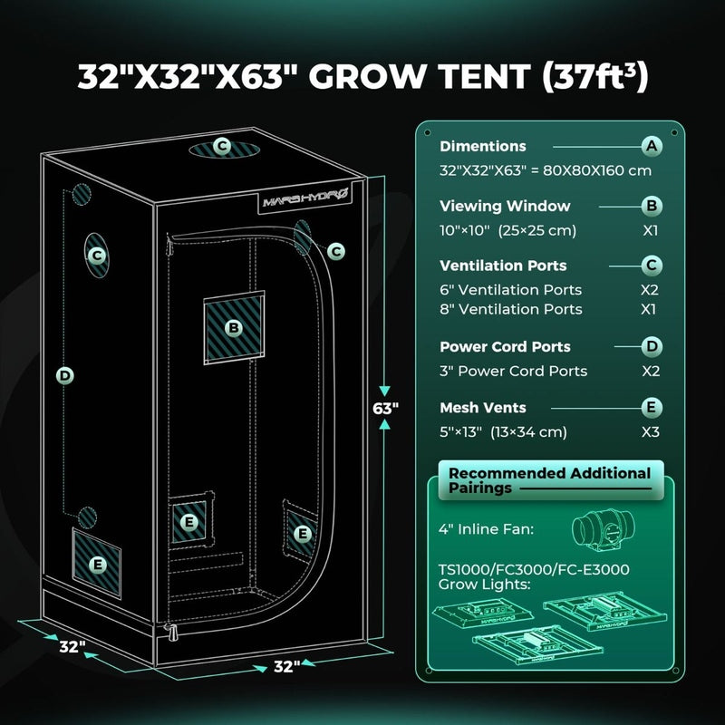 Mars Hydro TS 1000 LED (32"x 32"x 63") Complete Grow Tent Kit 2.7x2.7 tent specifications 