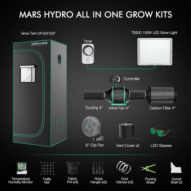 Mars Hydro TS 600 LED (24"x 24"x 55") Complete Grow Tent Kit 2x2 all in one 