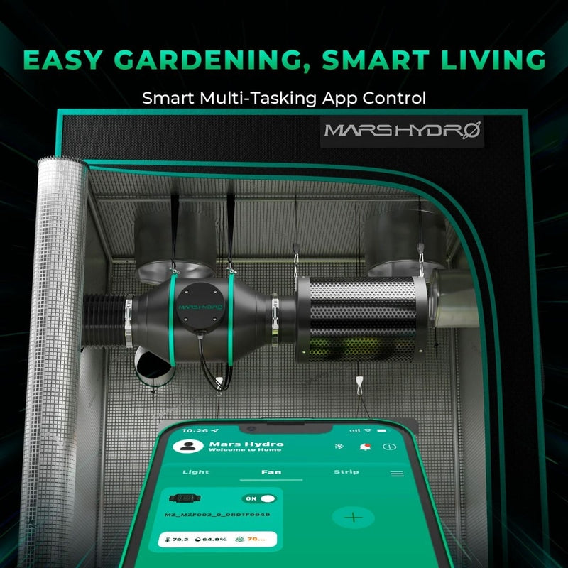 Mars Hydro iFresh 4-Inch Smart Inline Duct Fan W/ Refillable Carbon Filter Combo Ventilation multi talking app