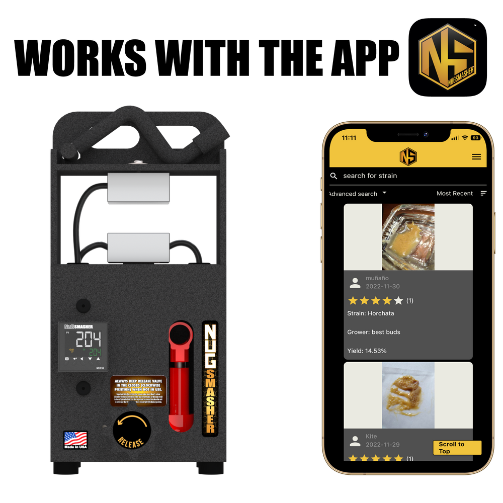 NugSmasher Mini rosin press with 2-ton portable pump, travel-ready design, shown with a mobile app interface