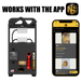 NugSmasher Mini rosin press with 2-ton portable pump, travel-ready design, shown with a mobile app interface