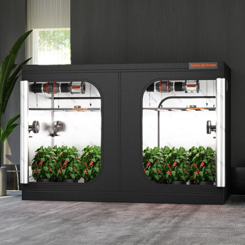 Spider Farmer 10’x5’x6.5′ Grow Tent Black indoor gardening system with plants inside, against a dark wall.