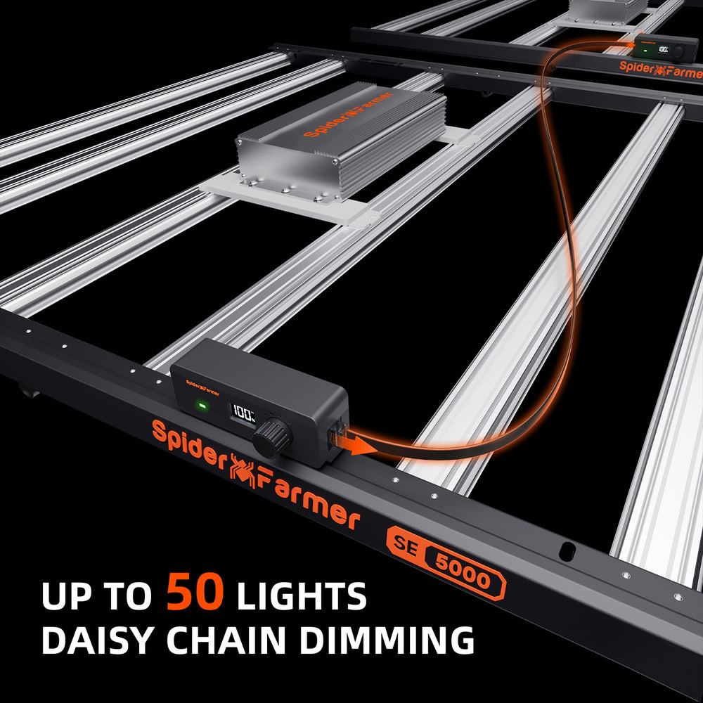 Spider Farmer 4x4x6.5 Smart Grow Tent Kit – SE5000 EVO LED, GGS Controller Spider Farmer LED grow light system with control panel on a black background