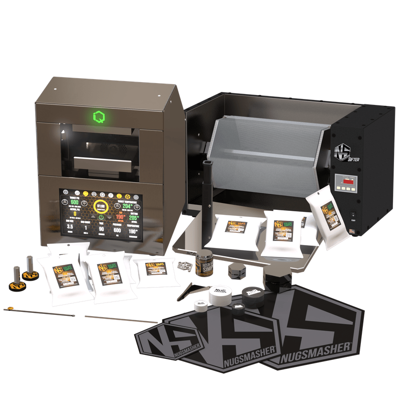 NugSmasher IQ Rosin Press Grower Essentials Bundle with Sifter on white background 