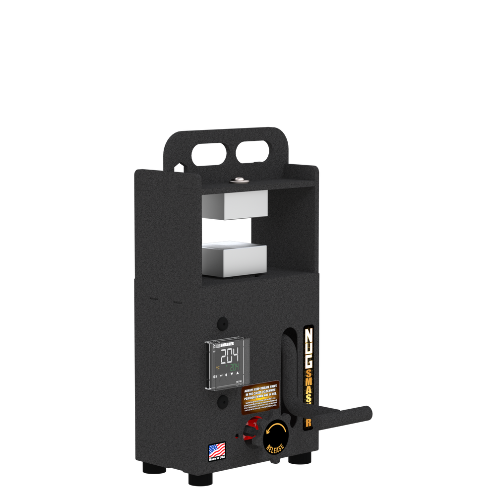 NugSmasher® Mini compact rosin press for on-the-go extractions; 2-ton pressure with stowable pump handle.