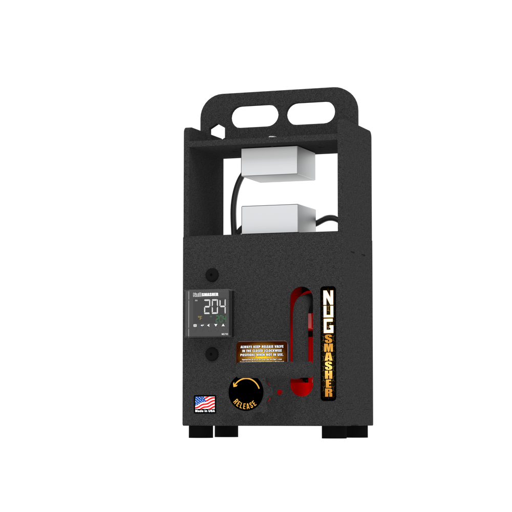 NugSmasher Mini compact rosin press with 2-ton pressure, portable on-the-go design and digital display.