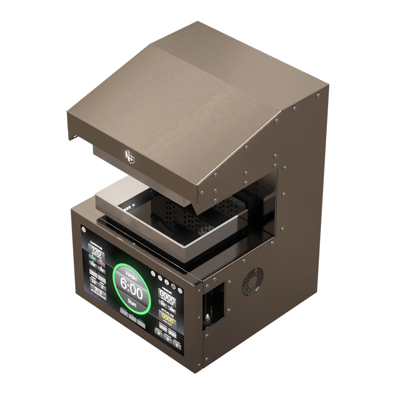 NugSmasher® IQ Pro – 20 Ton Commercial Rosin Press 10×7 Plates angled view down on white background