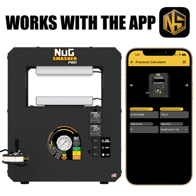NugSmasher® PRO with smartphone displaying app interface on a white background