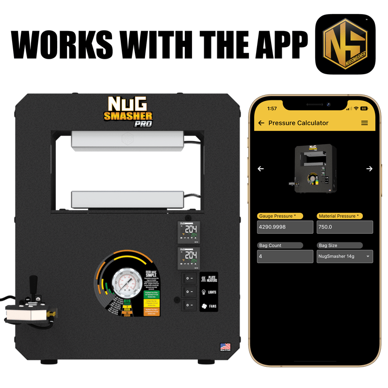 NugSmasher® PRO with smartphone displaying app interface on a white background
