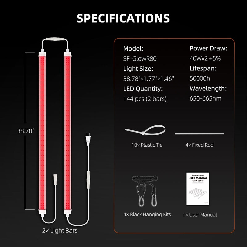 Spider Farmer GlowR80 LED light bar with specifications on a black background