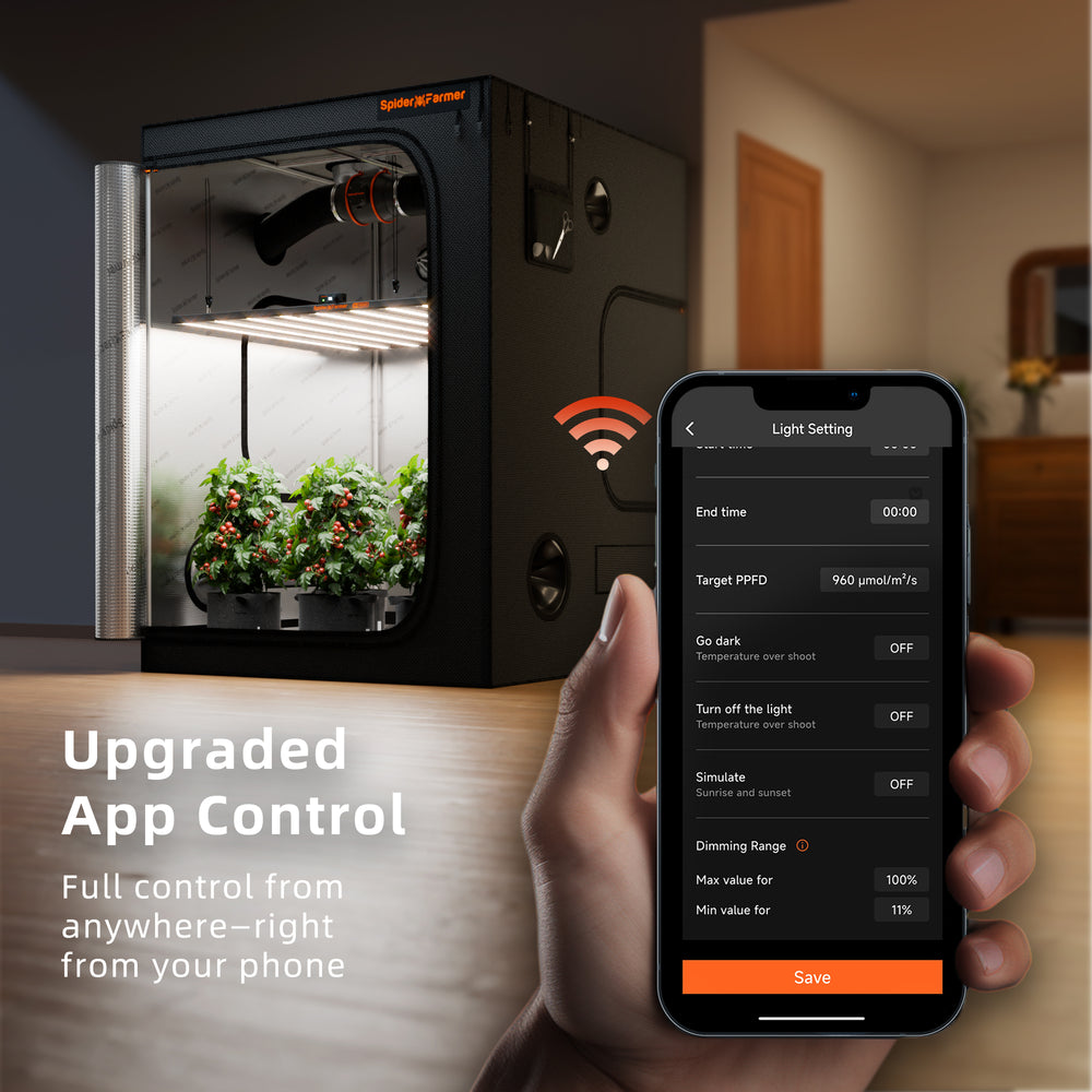 Spider Farmer SE1000W 1000W LED Grow Light – Smart App Control for 5x5 Grow Tents Smart indoor garden with smartphone app control in a home setting