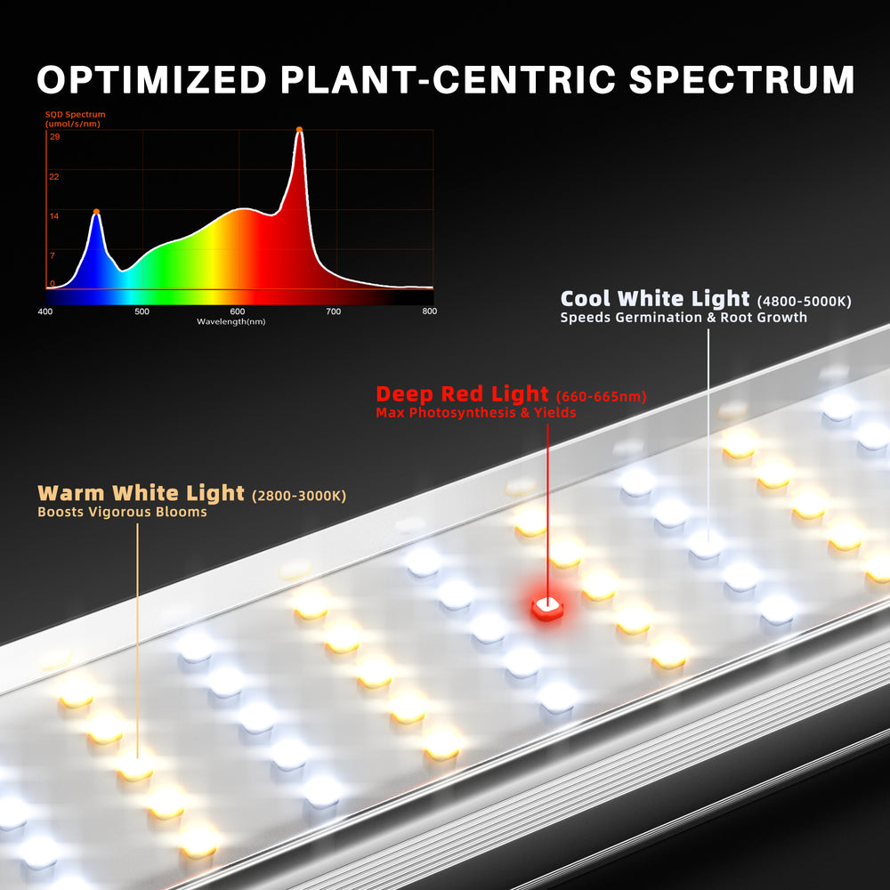 Spider Farmer SE1000W 1000W LED Grow Light – Smart App Control for 5x5 Grow Tents LED light strip with labeled color temperatures and a spectrum diagram on a black background