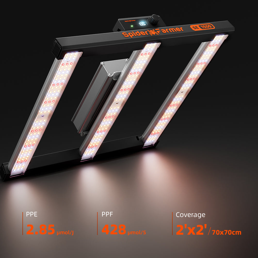 Spider Farmer SE1500 150W LED Grow Light – Smart App Control for 2×2 Grow Tents Spider Farmer LED grow light on a dark background with specifications displayed.