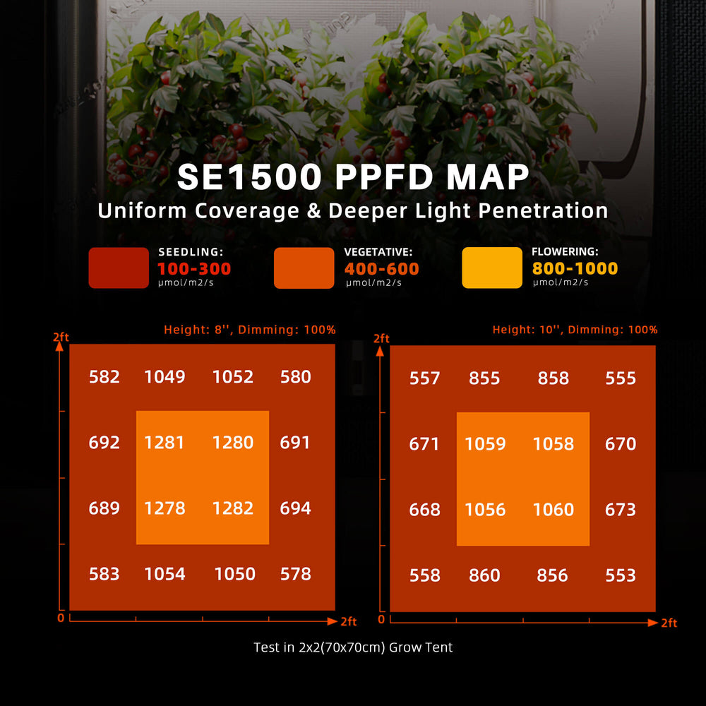Spider Farmer SE1500 150W LED Grow Light – Smart App Control for 2×2 Grow Tents SE1500 PPDF Map showing uniform coverage and light penetration for seedling, vegetative, and flowering stages.