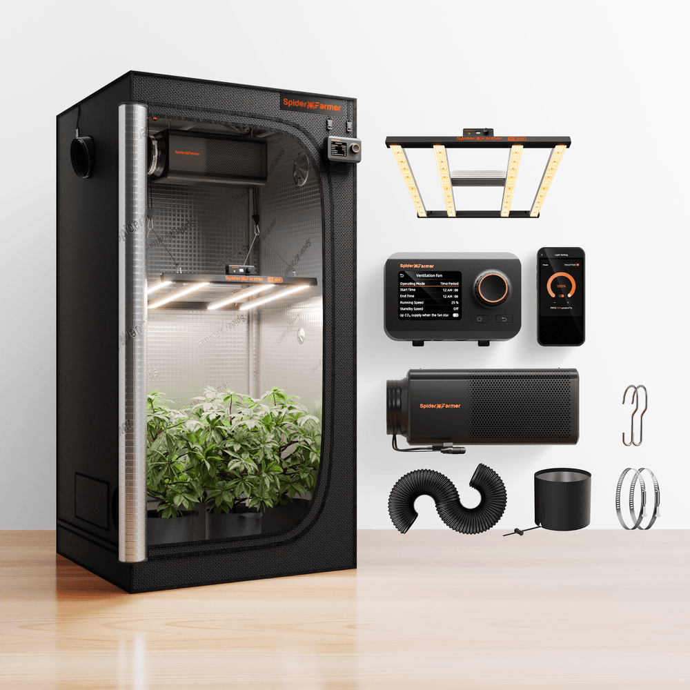 Spider Farmer® 3×3 Grow Tent Kit – SE3000 LED & New 2-in-1 Smart Ventilation System Glowing indoor plant growth system with accessories on a white background