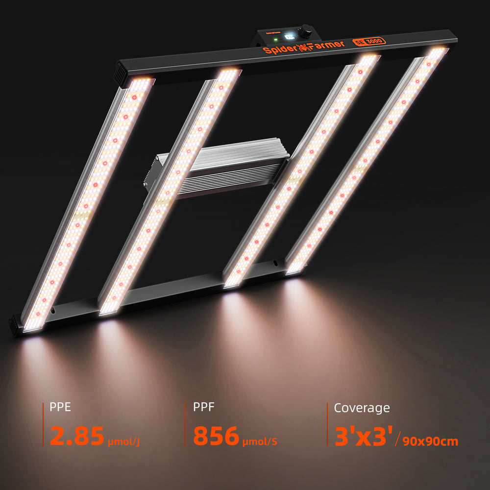 Spider Farmer SE3000 300W LED Grow Light – Smart Full-Spectrum Lighting for 3×3 Grow Tents LED grow light with specifications on a dark background