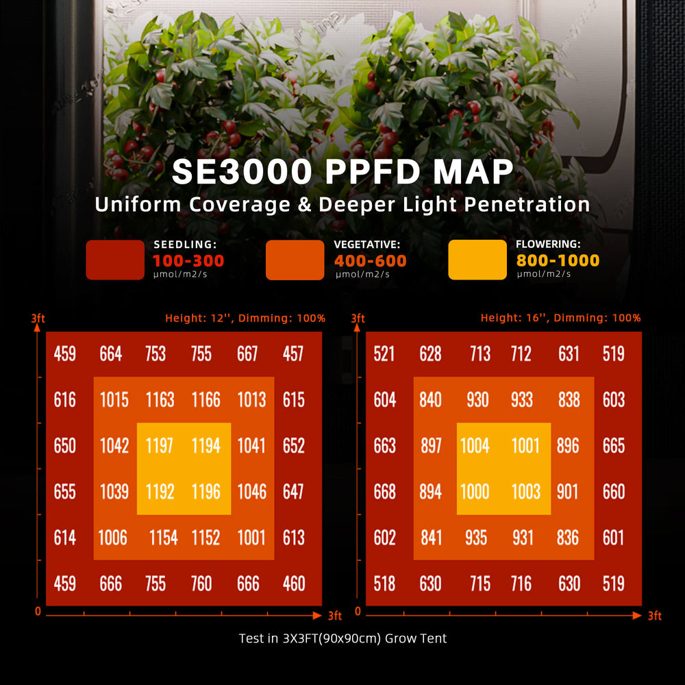 Spider Farmer SE3000 300W LED Grow Light – Smart Full-Spectrum Lighting for 3×3 Grow Tents PPFD map for SE3000 light system with plant images and measurement details.