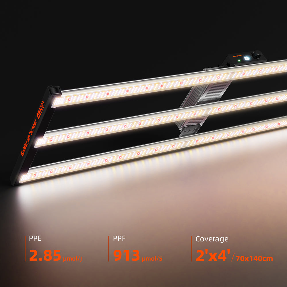 Spider Farmer SE4500 320W LED Grow Light – Smart High-Efficiency Lighting for 2×4 and 3×5 Grow Spaces LED light bar with specifications on a dark background