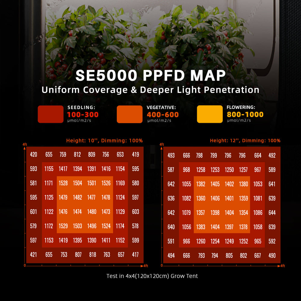 Spider Farmer SE5000 480W LED Grow Light – Smart App Control for 4x4 Grow Tents SE5000 PPDF map for uniform coverage and deeper light penetration with plant growth stages indicated.