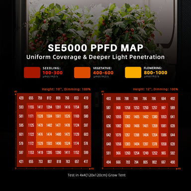 Spider Farmer SE5000 480W LED Grow Light – Smart App Control for 4x4 Grow Tents SE5000 PPDF map for uniform coverage and deeper light penetration with plant growth stages indicated.
