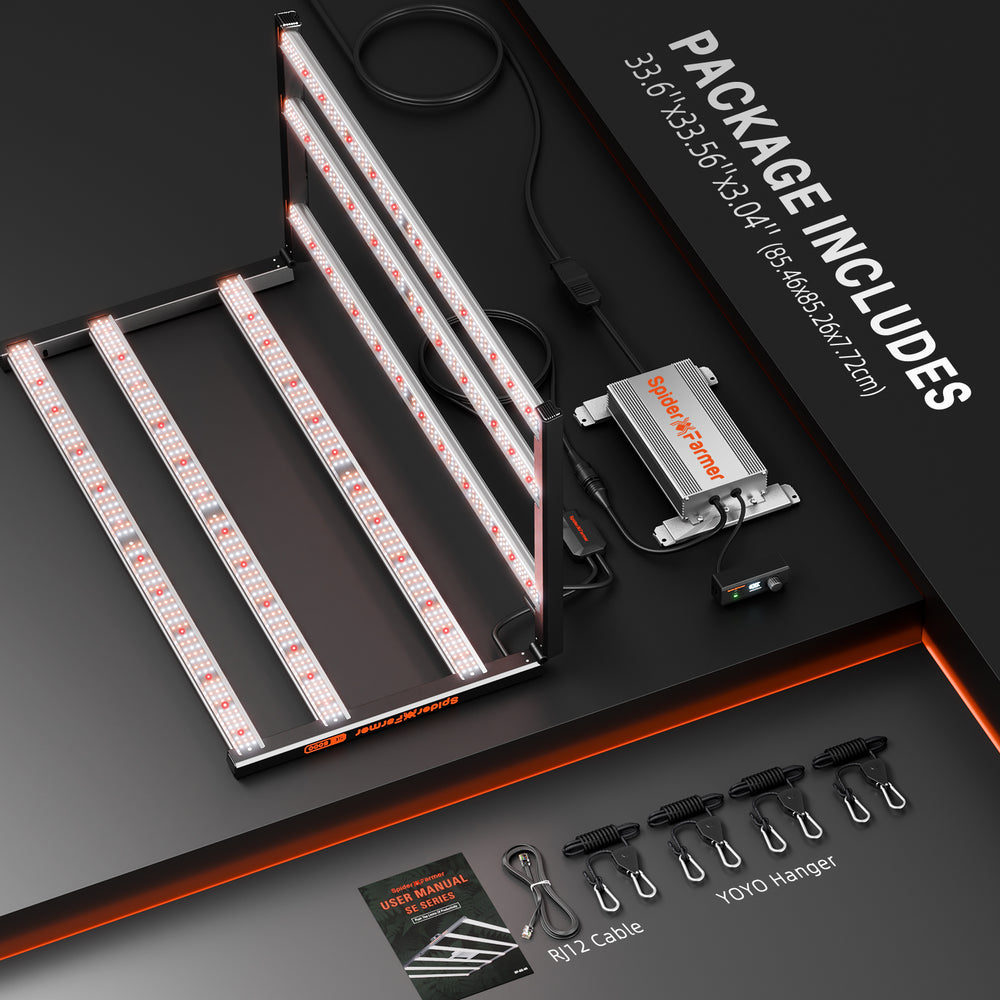Spider Farmer SE5000 480W LED Grow Light – Smart App Control for 4x4 Grow Tents Package contents of a LED light system on a dark surface with text indicating included items.