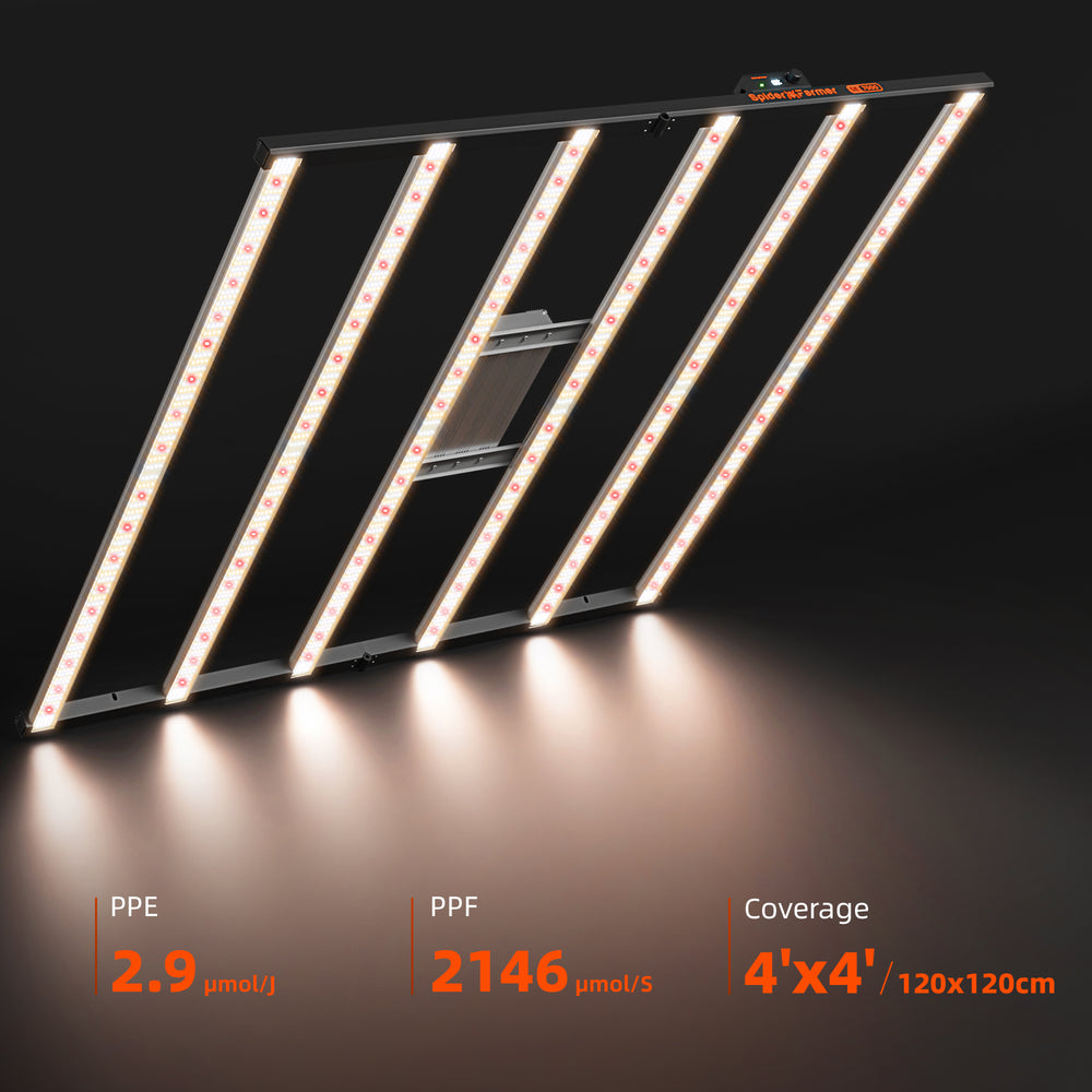 Spider Farmer SE7000 730W LED Grow Light – Smart App Control for 4x4 and 5x5 Grow Tents LED grow light panel with specifications on a dark background