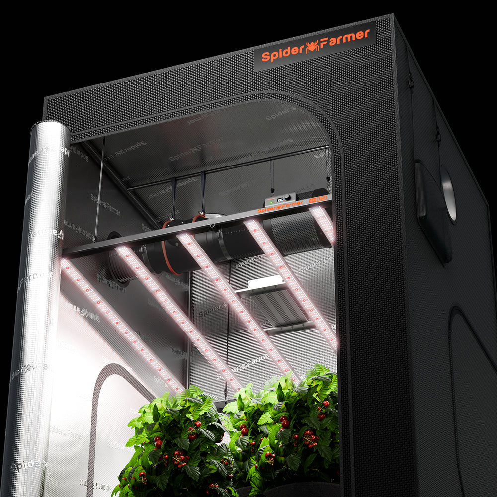 Spider Farmer SE7000 730W LED Grow Light – Smart App Control for 4x4 and 5x5 Grow Tents Spider Farmer indoor gardening system with plants inside