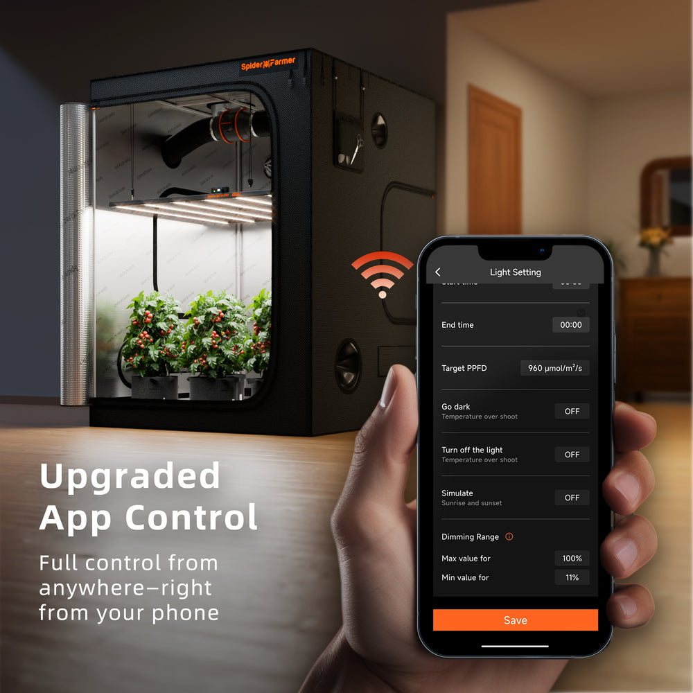 Spider Farmer SE7000 730W LED Grow Light – Smart App Control for 4x4 and 5x5 Grow Tents Smart indoor garden with smartphone app control in a home setting