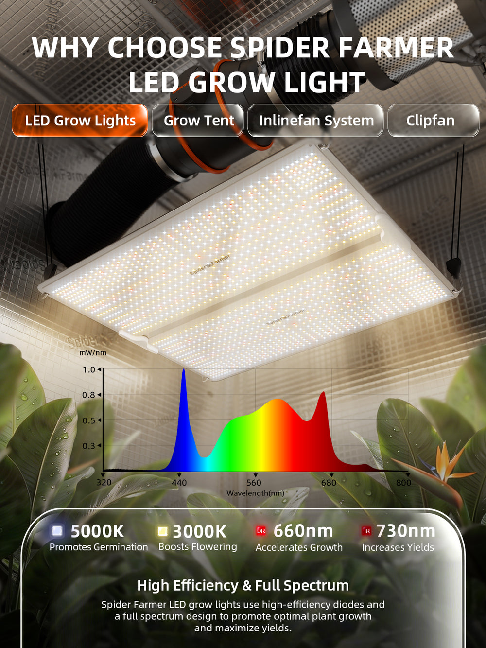 Spider Farmer 4x4x6.5 Grow Tent Kit – SF4000 EVO LED, Speed Controller & 6 Ventilation System light features 