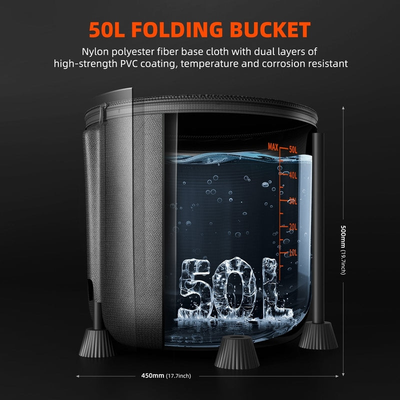 Spider Farmer Smart Grow Tent Kit 5′x5′x6.5′ G7000 Led Lighting 50L folding bucket with water inside, showing measurement details on a dark background