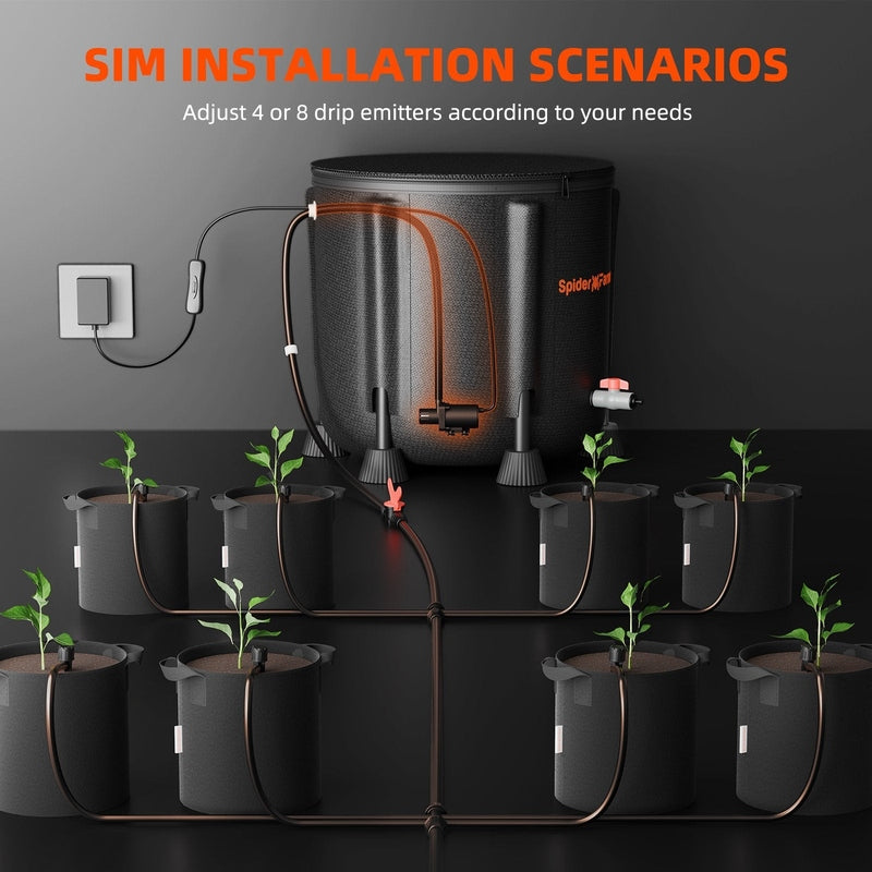 Spider Farmer Smart Grow Tent Kit 5′x5′x6.5′ G7000 Led Lighting Drip irrigation system with multiple pots and adjustable drip emitters on a dark background.