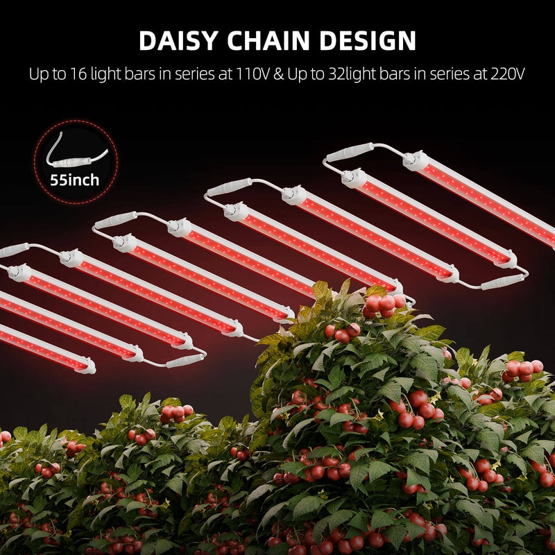 Spider Farmer GlowR40 LED light bars with daisy chain design on a black background, with text about voltage and length.