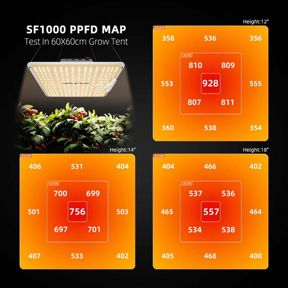 Spider Farmer SF1000 100W LED Grow Light – Efficient Full-Spectrum Lighting for 2×2 Grow Tents SF1000 PPFD map test in a 60x60cm grow tent with LED light and plants.