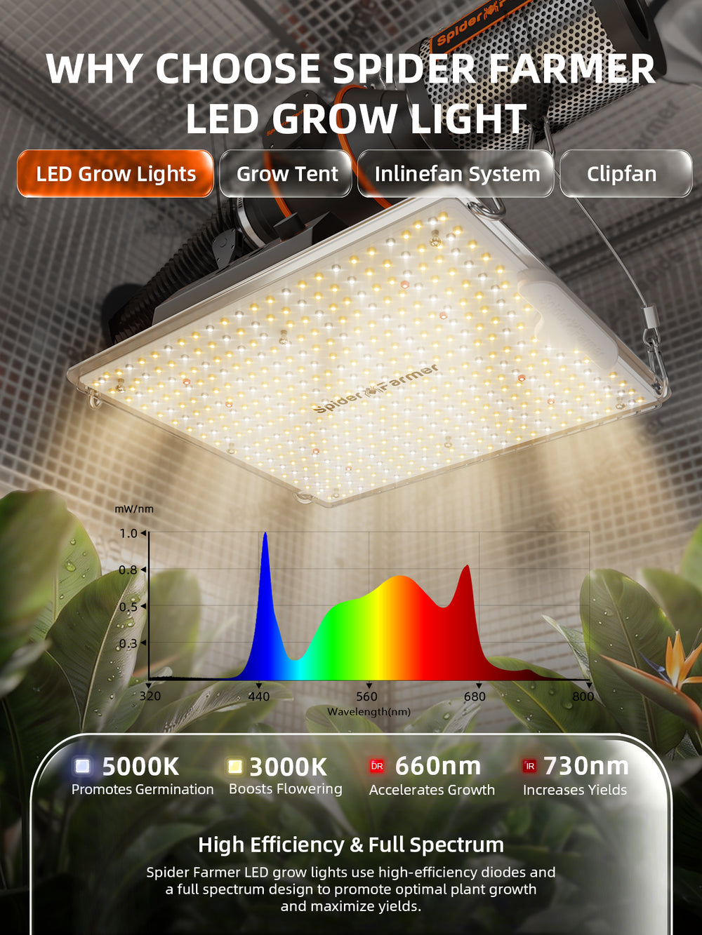 Spider Farmer 2x2x4.6 Complete Grow Tent Kit – SF1000D LED, Speed Controller & Ventilation light features 