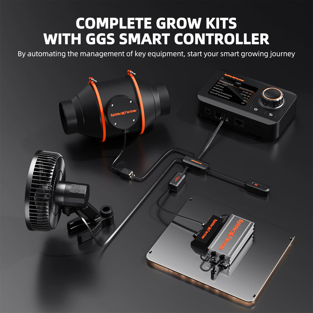 Spider Farmer 2x2 Grow Tent Kit – SF1000 EVO LED GGS smart controller and related equipment on a dark background