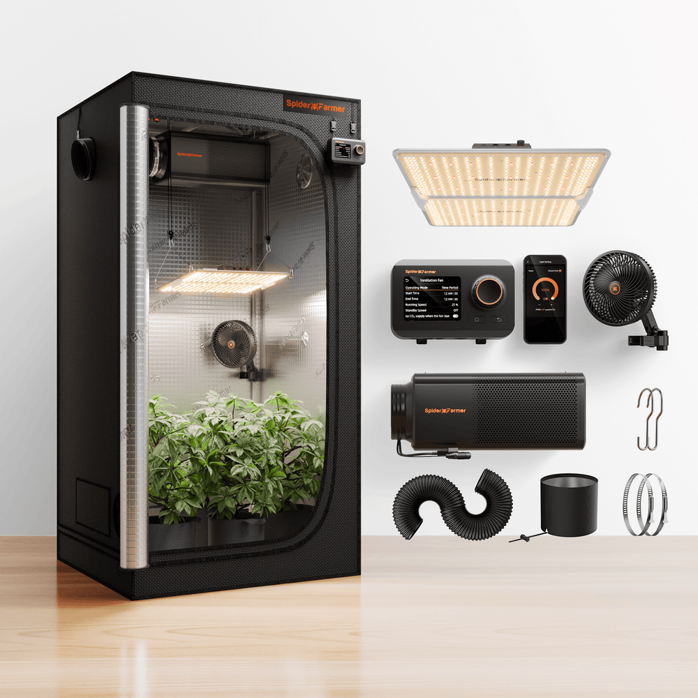 Spider Farmer® 3×3 Grow Tent Kit – SF2000 Pro Smart Indoor Growing System Growing tent with LED light, fan, and other equipment on a white background
