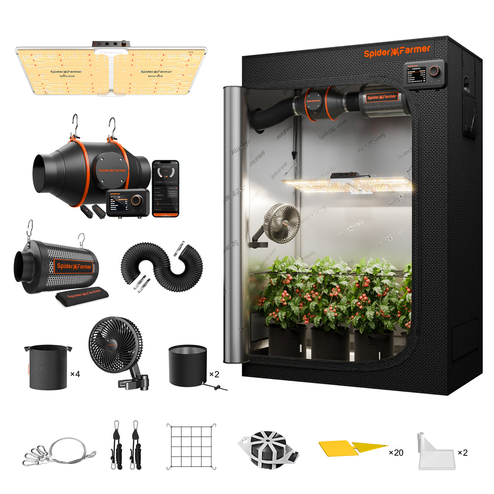 Spider Farmer 2x4 Complete Grow Tent Kit – SF2000 EVO, GGS Controller  system with various components on a white background