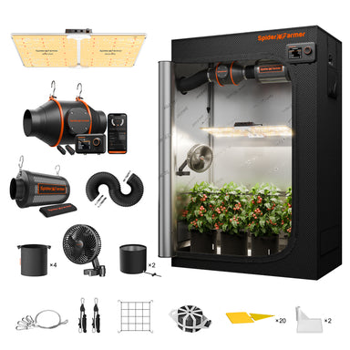 Spider Farmer 2x4 Complete Grow Tent Kit – SF2000 EVO, GGS Controller  system with various components on a white background