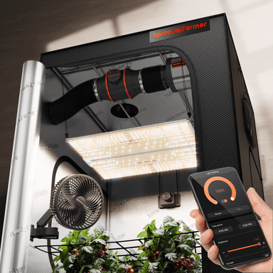 Spider Farmer 4x4x6.5 Grow Tent Kit – SF4000 EVO LED, Speed Controller Spider Farmer indoor grow tent with LED lighting and smartphone app control, on a wooden surface.