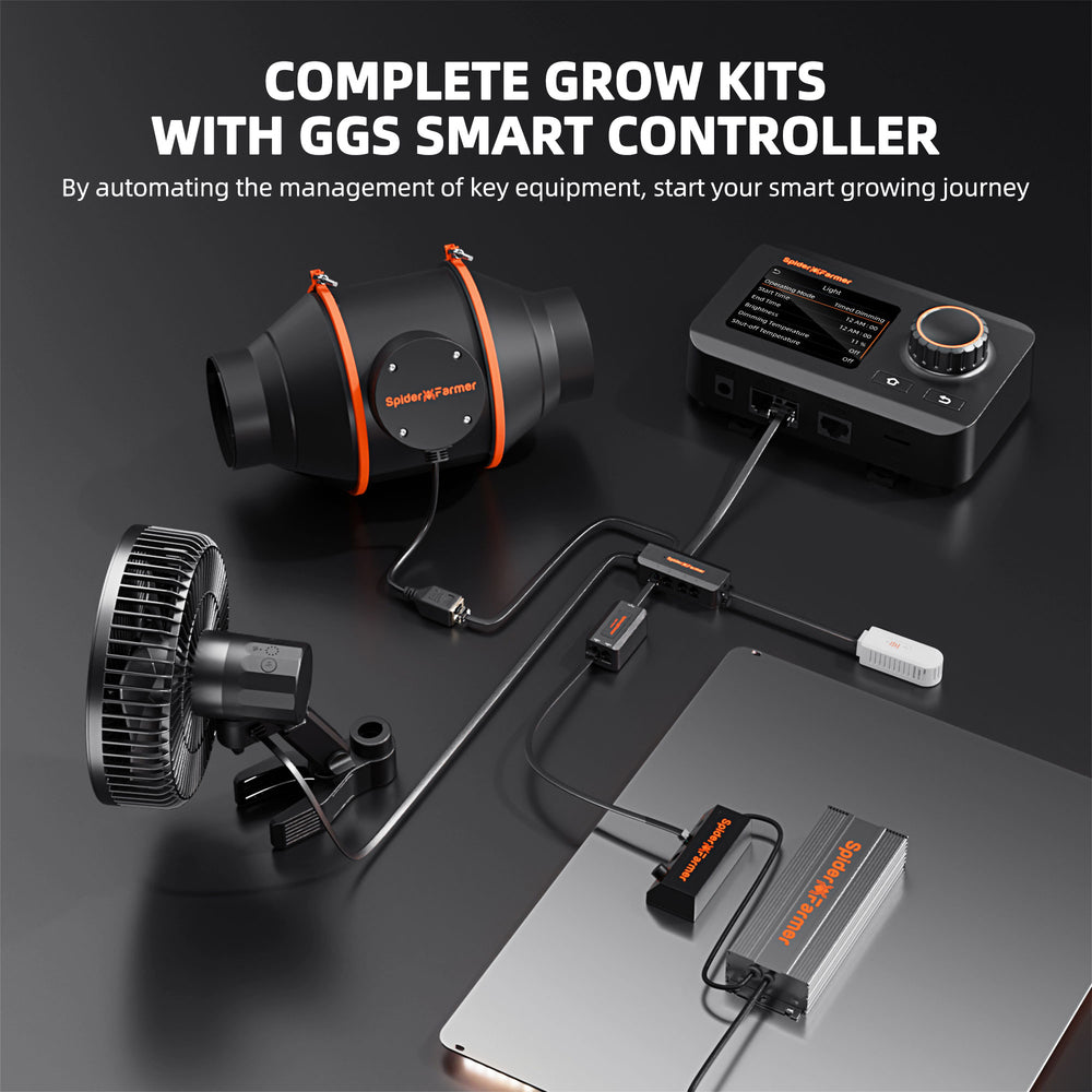 Spider Farmer 4x4x6.5 Grow Tent Kit – SF4000 EVO LED, Humidity and APP GGS Controller Complete grow kit with GGS smart controller on a dark surface