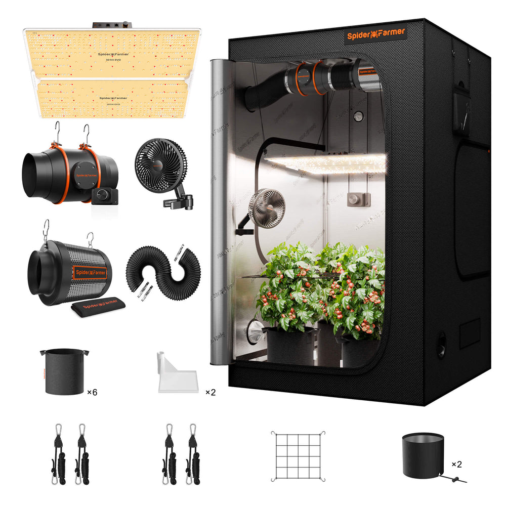 Spider Farmer 4x4x6.5 Grow Tent Kit – SF4000 EVO LED, Speed Controller Spider Farmer indoor grow tent with accessories on a white background