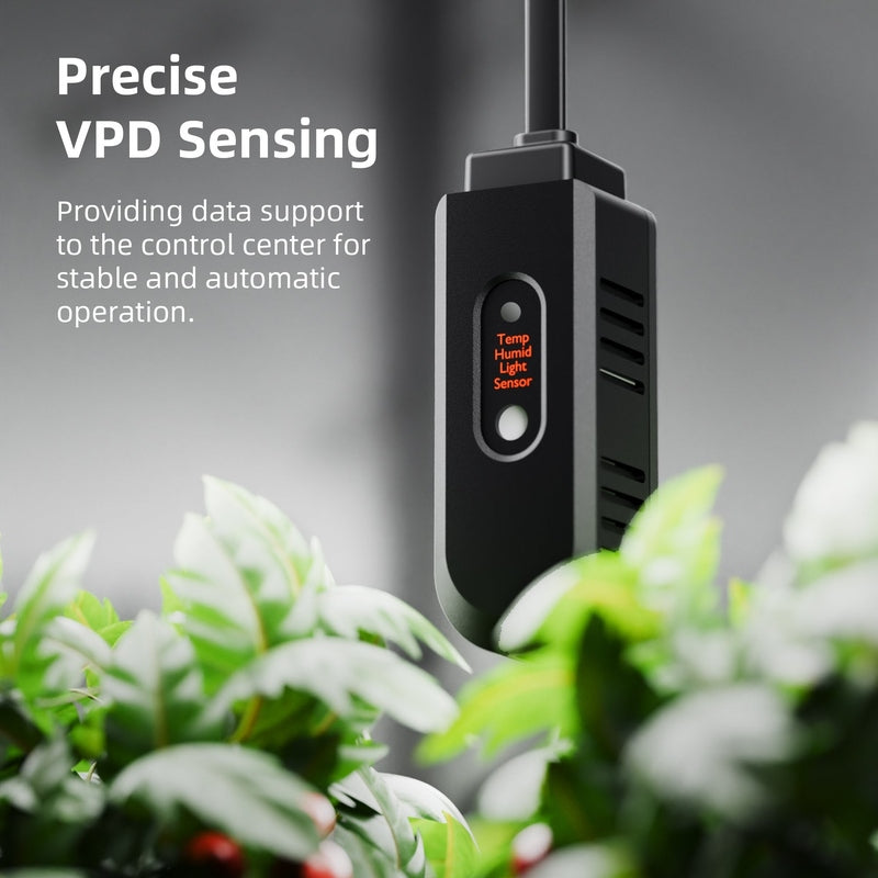 Spider Farmer Smart Grow Tent Kit SE7000 LED Lighting 5’x5’x6.5′ Black device with digital display in front of green plants, labeled 'Precise VPD Sensing'.