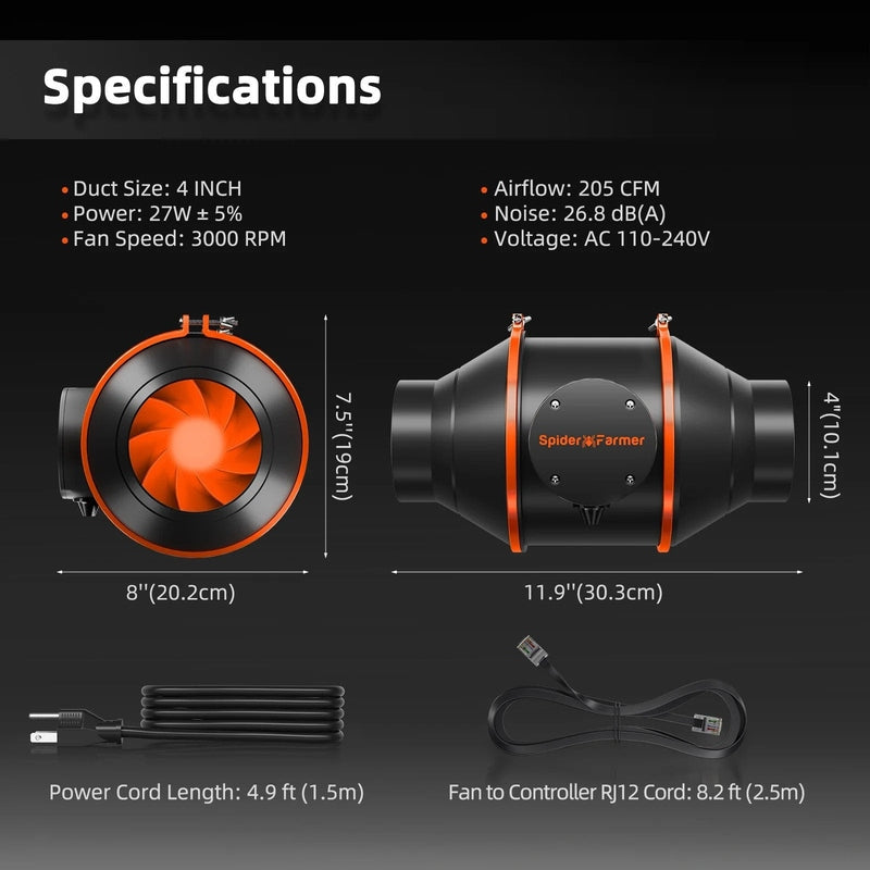 Spider Farmer Smart Grow Tent Kit 2.3′x2.3′x5.3′ with G1500 450-W LED Technical specifications and features of a fan with dimensions and cable lengths displayed.