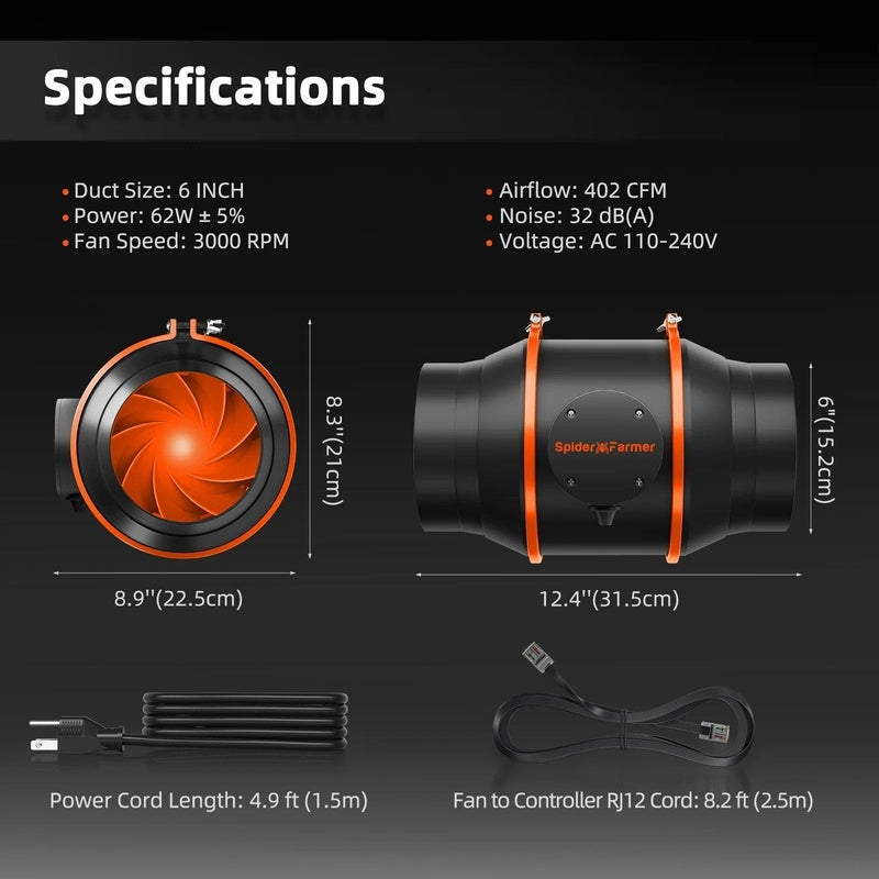 Spider Farmer Smart Grow Tent Kit 5′x5′x6.5′ G7000 Led Lighting Product specifications with images of a fan and its components on a black background