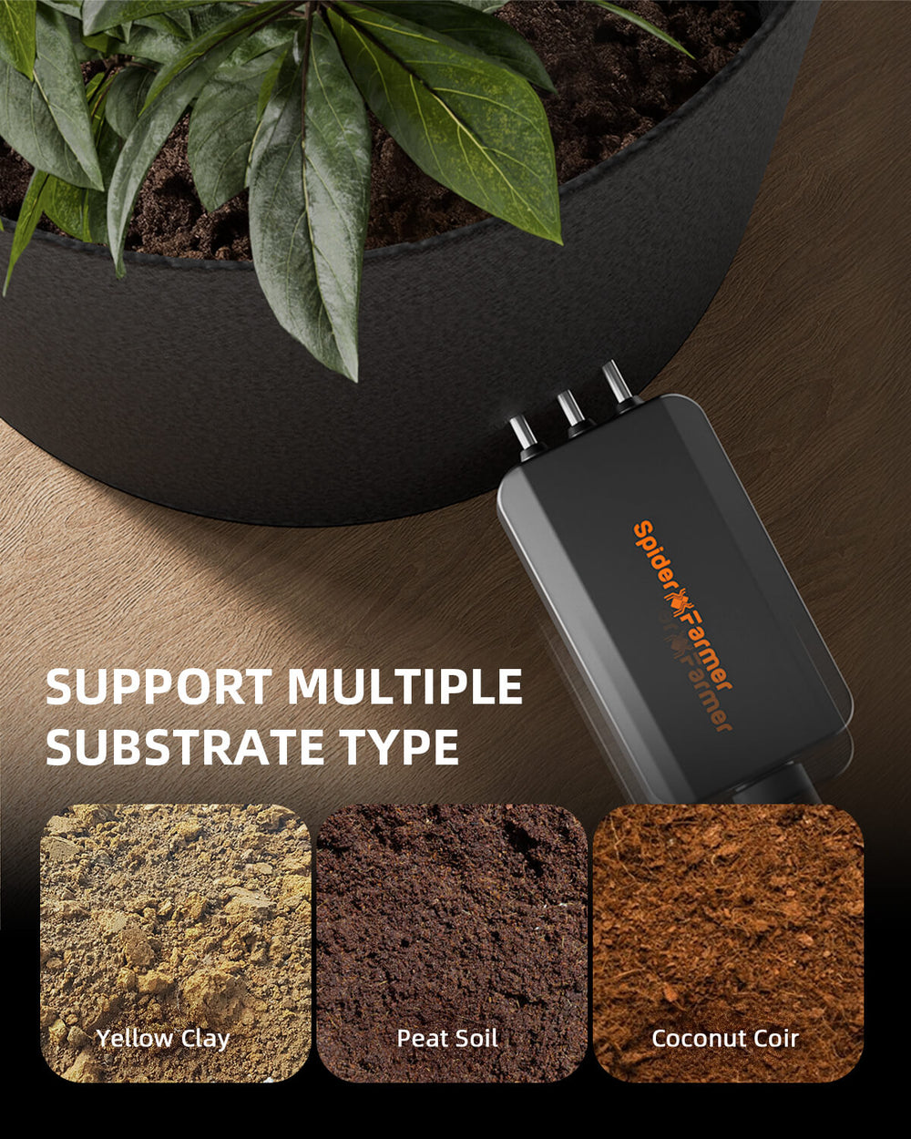 Spider Farmer SF1000 301H EVO Grow Tent Kit with GGS Smart Controller  Soil testing device with a potted plant and soil types displayed below.