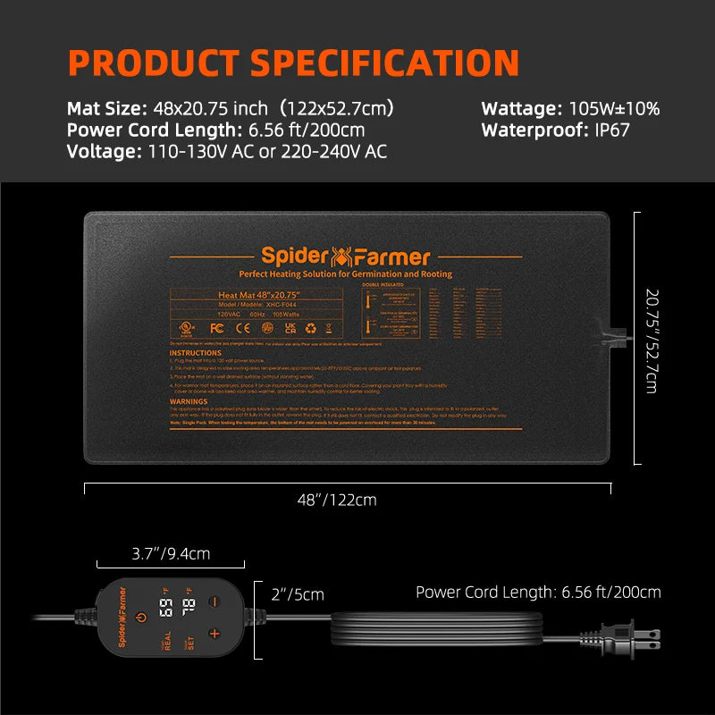 Spider Farmer® 48”X20.75” Seedling Heat Mat and Digital Thermostat for Germination