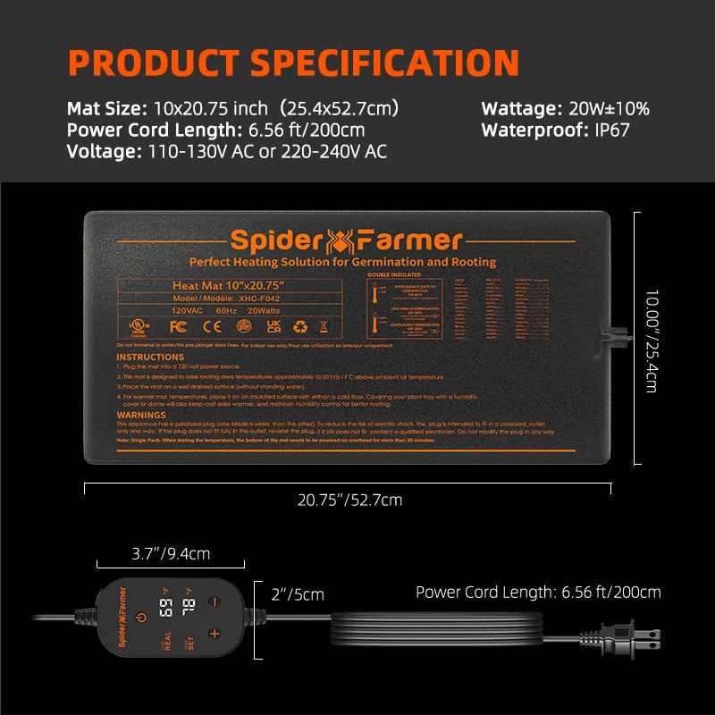 Spider Farmer® Waterproof 10”X20.75” Seedling Heat Mat With 4 Pack Seed Starter Trays for Indoor Gardening