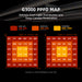Spider Farmer G3000 300W Smart LED Grow Light – App-Controlled Full-Spectrum Lighting for 3x3 Grow Tents G3000 PPFD Map with light distribution for seedling, vegetative, and flowering stages on a black background.