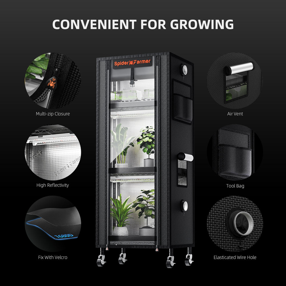 Spider Farmer 4-Tier Plant Stand with Grow Lights (54W) & 1680D Grow Tent with Seed Starter Trays convenient for growing showing features 